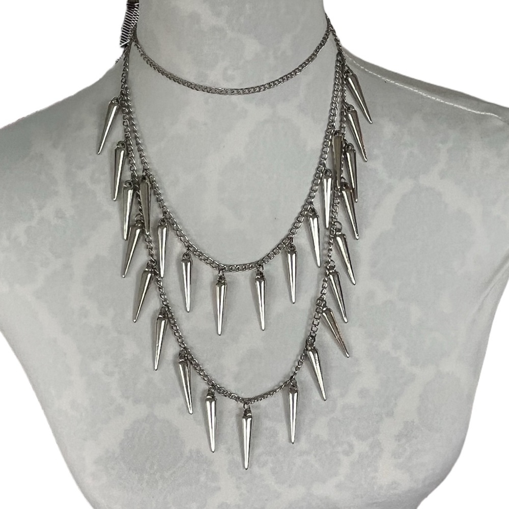 Silver Multi-Layered Spike Statement Necklace